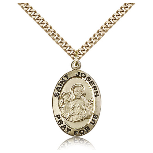 Gold Filled 1in St Joseph Pray For Us Medal & 24in Chain