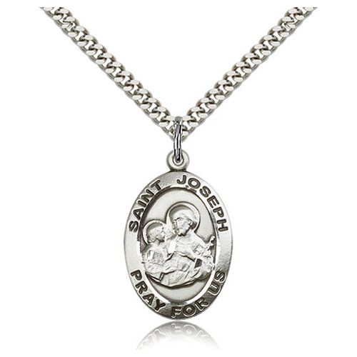 Sterling Silver 1in Antiqued St Joseph Medal & 24in Chain