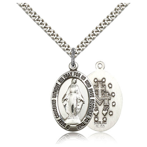 Sterling Silver 1in Polished Miraculous Medal & 24in Chain