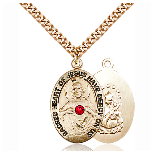 Gold Filled 1in Sacred Heart Scapular Medal Ruby Bead 24in Chain
