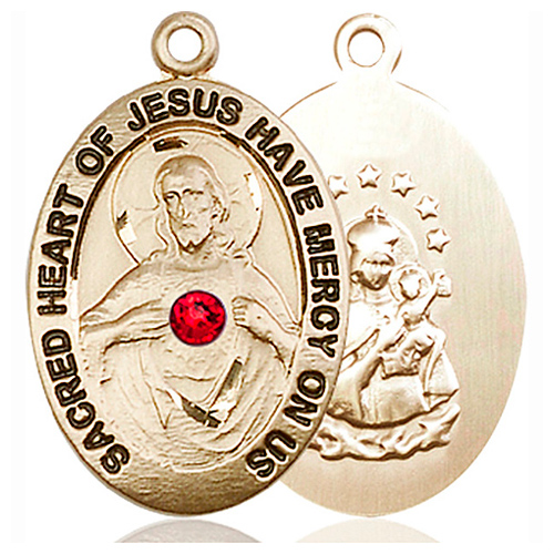 14k Yellow Gold 1in Oval Sacred Heart of Jesus Medal with Ruby Bead
