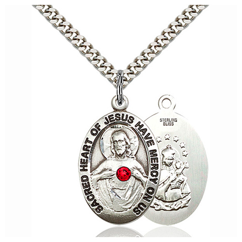 Sterling Silver 1in Oval Scapular Medal with Ruby Bead & 24in Chain