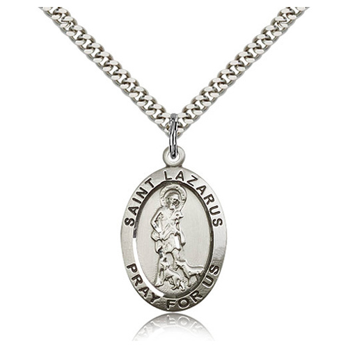 Sterling Silver 1in Antiqued St Lazarus Medal & 24in Chain