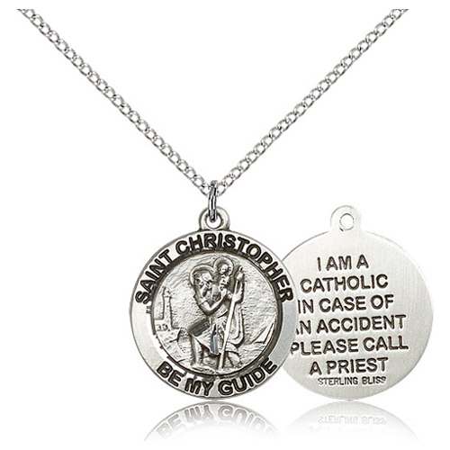 Sterling Silver 3/4in St Christopher I Am A Catholic Medal & 18in Chain