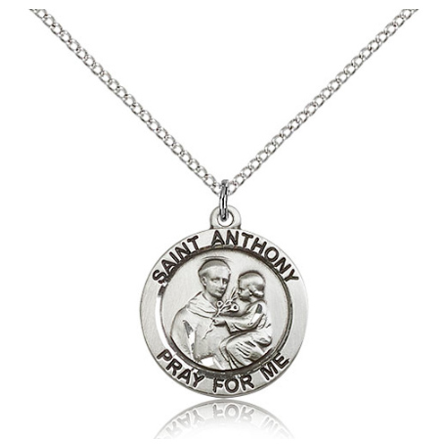 Sterling Silver 3/4in Round St Anthony Medal & 18in Chain