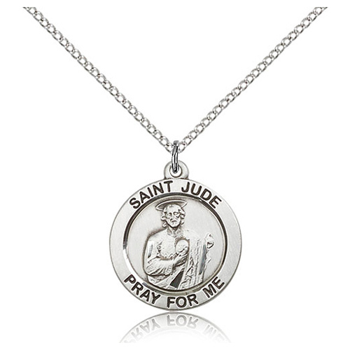 Sterling Silver 3/4in Round St Jude Medal & 18in Chain