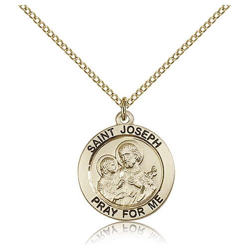 Gold Filled 3/4in Round St Joseph Medal & 18in Chain