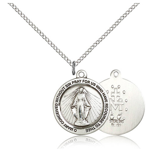 Sterling Silver 3/4in Round Miraculous Medal & 18in Chain