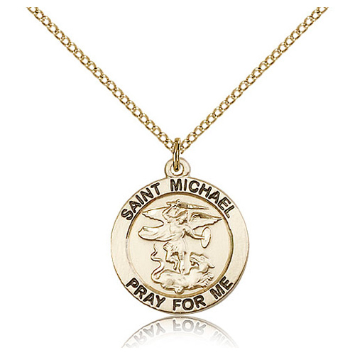 Gold Filled 3/4in Round Antiqued St Michael Medal & 18in Chain