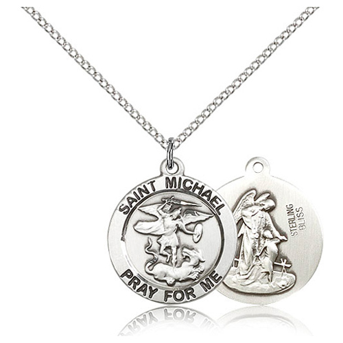 Sterling Silver 3/4in St Michael Pray For Me Medal & 18in Chain