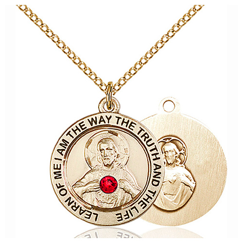 Gold Filled 3/4in Scapular Pendant with 3mm Ruby Bead & 18in Chain