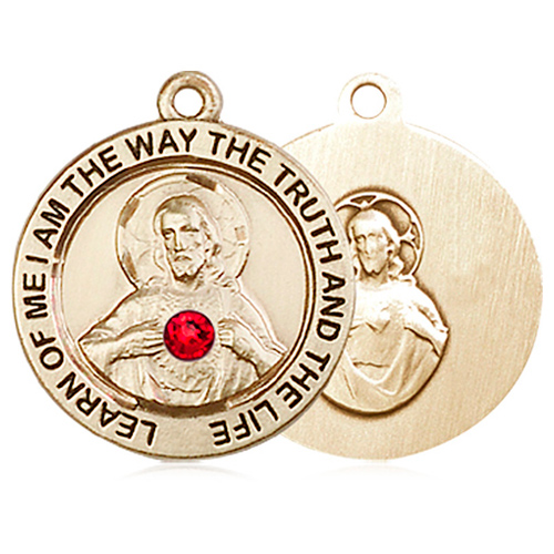 14kt Yellow Gold 3/4in Round Scapular Medal with 3mm Ruby