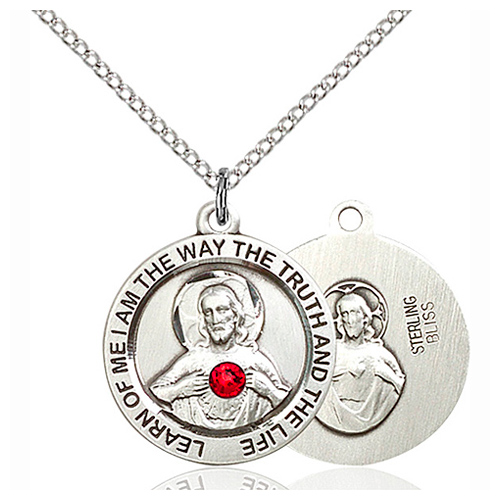 Sterling Silver 3/4in Round Scapular Medal with Ruby Bead & 18in Chain