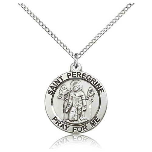 Sterling Silver 3/4in Round St Peregrine Medal & 18in Chain