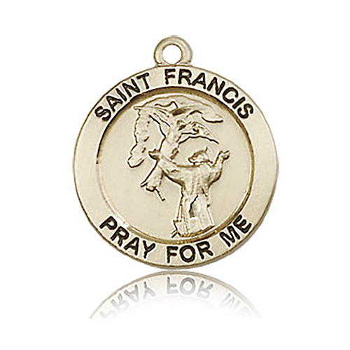 14k Yellow Gold Round Antiqued St Francis Medal 3/4in