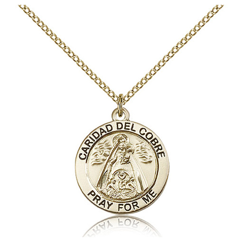 Gold Filled 3/4in Round Caridad del Cobre Medal & 18in Chain