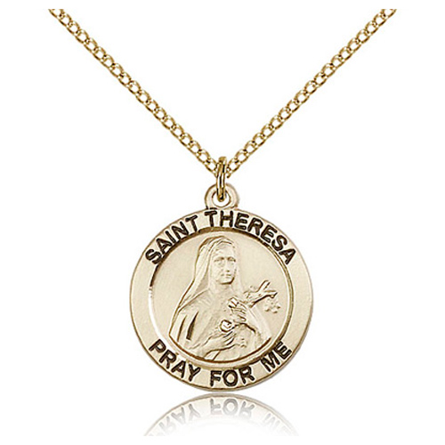 Gold Filled 3/4in Round St Theresa Medal & 18in Chain