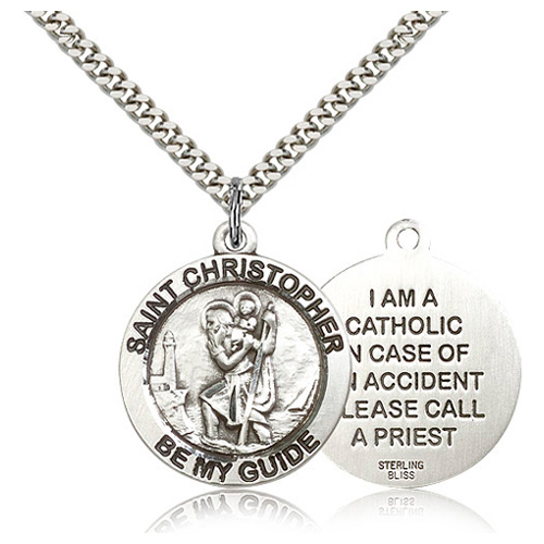 Sterling Silver 1in Reversible Catholic St Christopher Medal & 24in Chain