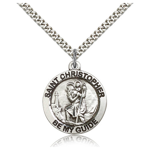 Sterling Silver 7/8in St Christopher Be My Guide Medal 24in Chain