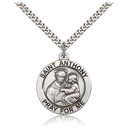 Sterling Silver 1in Round St Anthony Pray for Me Medal & 24in Chain