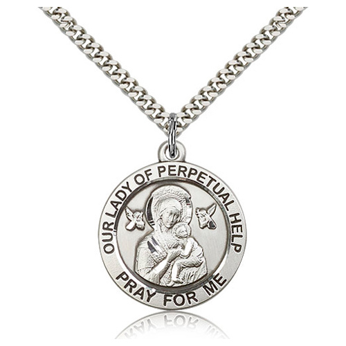 Sterling Silver 1in Round Lady of Perpetual Help Medal & 24in Chain