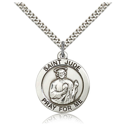 Sterling Silver 1in St Jude Pray for Me Medal & 24in Chain
