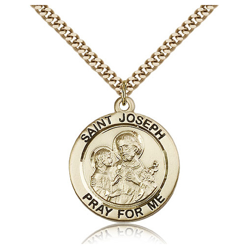 Gold Filled 1in Round St Joseph Pray For Me Medal & 24in Chain