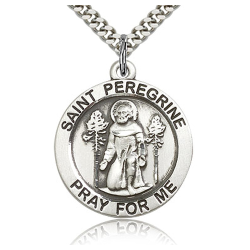 Sterling Silver 1in Round St Peregrine Pray For Me Medal & 24in Chain