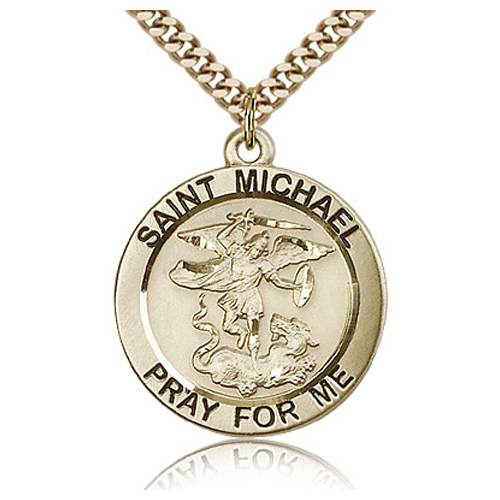 Gold Filled 1in Round Antiqued St Michael Medal & 24in Chain