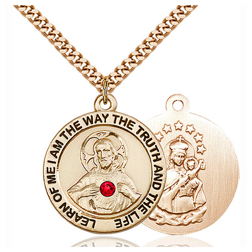 Gold Filled 1in Round Scapular Medal 3mm Ruby Bead & 24in Chain