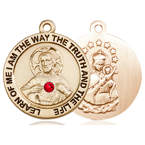 14k Yellow Gold 1in Round Scapular Medal with Ruby Bead