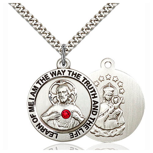 Sterling Silver 1in Round Scapular Pendant with Ruby Bead & 24in Chain