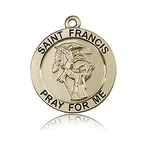 14k Yellow Gold 7/8in Antiqued Round St Francis Medal