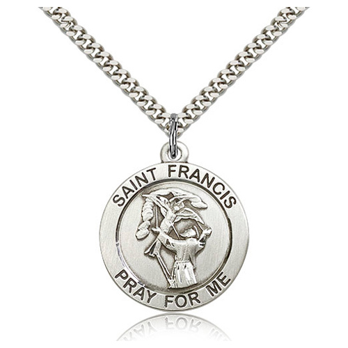 Sterling Silver 1in Round St Francis Medal & 24in Chain