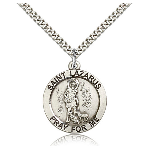 Sterling Silver 1in Round St Lazarus Medal & 24in Chain