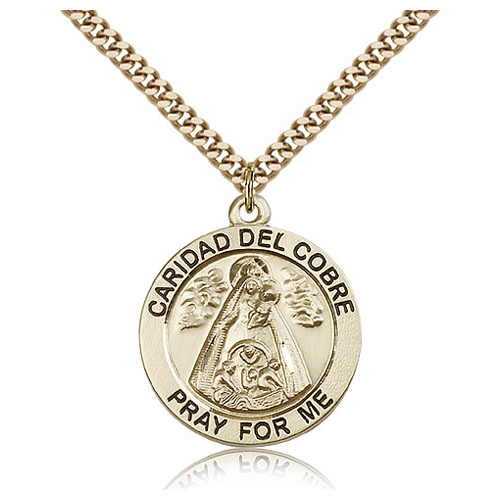 Gold Filled 1in Round Caridad del Cobre Medal & 24in Chain