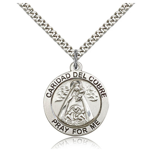 Sterling Silver 1in Round St Caridad del Cobre Medal & 24in Chain