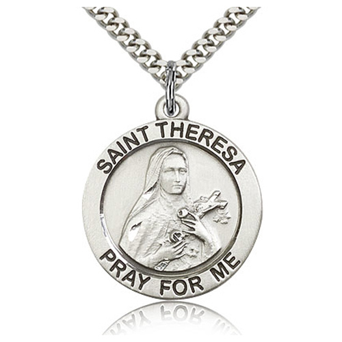 Sterling Silver 1in Round St Theresa Medal & 24in Chain