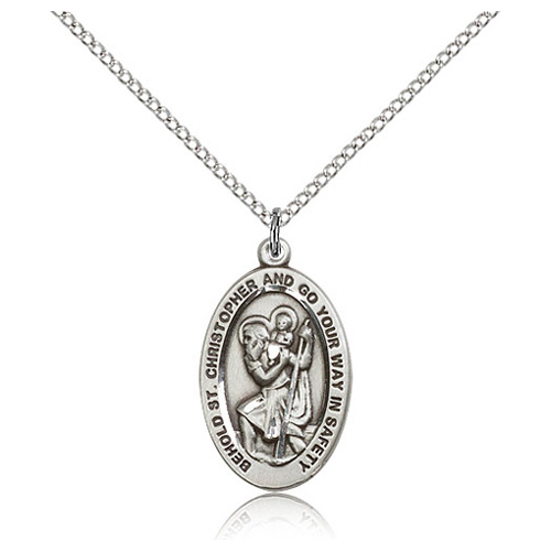 Sterling Silver 7/8in Oval Behold St Christopher Medal & 18in Chain