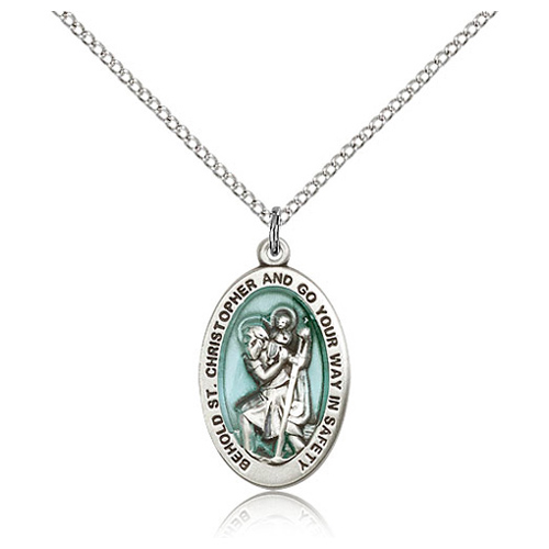 Sterling Silver 7/8in Blue St Christopher Medal & 18in Chain