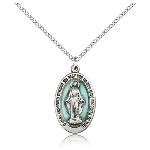 Sterling Silver 7/8in Blue Miraculous Medal & 18in Chain