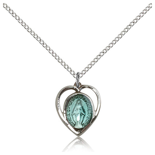 Sterling Silver 5/8in Blue Miraculous Medal & 18in Chain