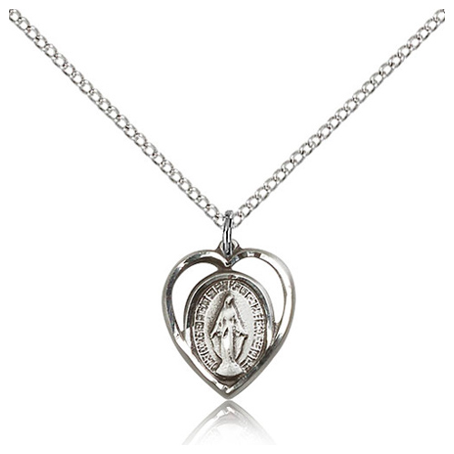 Sterling Silver 5/8in Heart Miraculous Medal & 18in Chain