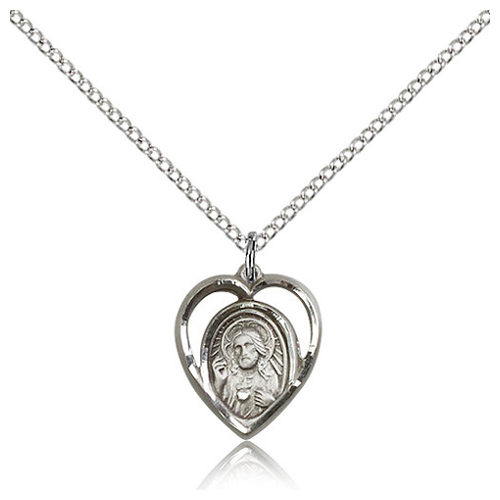 Sterling Silver 5/8in Scapular Medal Heart Charm & 18in Chain