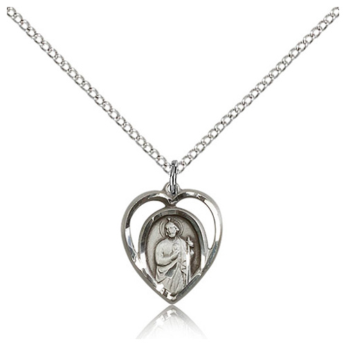 Sterling Silver 5/8in St Jude Heart Charm & 18in Chain