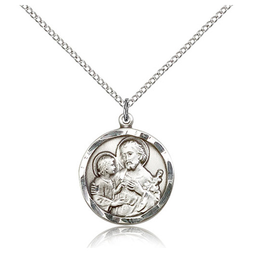 Sterling Silver 7/8in Round St Joseph Medal & 18in Chain