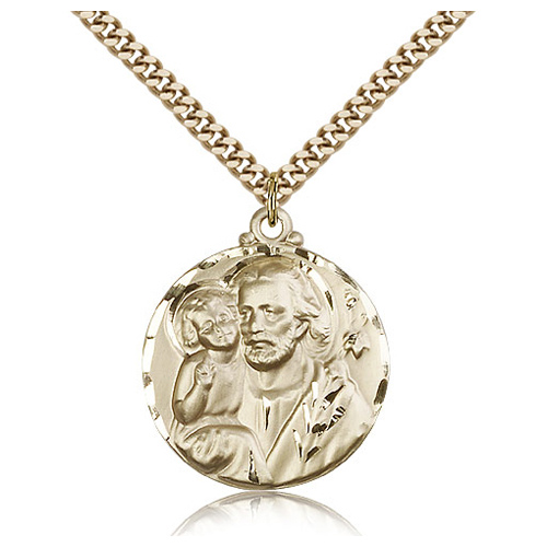 Gold Filled 1 1/8in Round St Joseph Medal & 24in Chain