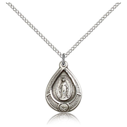 Sterling Silver 3/4in Tear Drop Miraculous Medal & 18in Chain