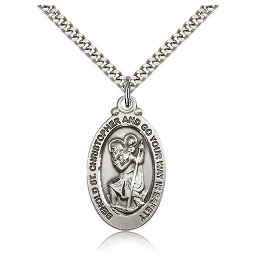 Sterling Silver 1 1/8in Behold St Christopher Medal & 24in Chain