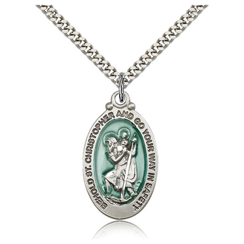 Sterling Silver 1 1/8in Blue St Christopher Medal & 24in Chain